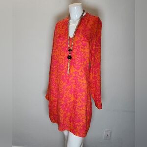 HIHO Bananakeet Orange & Fiusha 100% Linen Vneck Tunic Dress Size Large